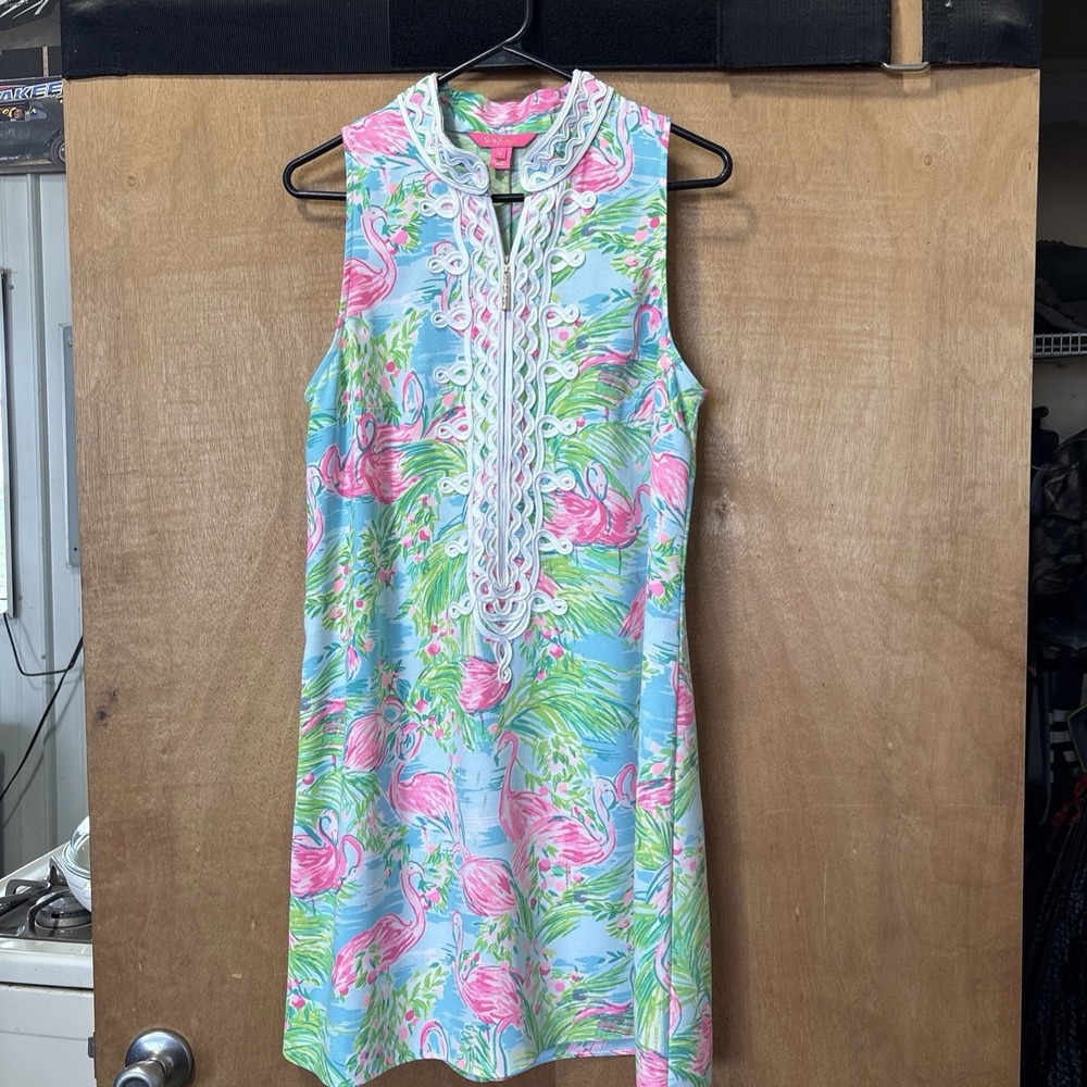 Lilly Pulitzer Jane Shift Floridita Embroidered Half Zip Flamingo Dress A-Line 8